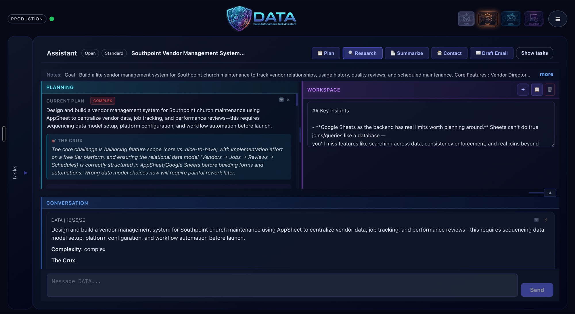 DATA's assistant view on a task: planning skills across the top, the current plan with the crux identified, a research workspace with key insights, and the conversation thread.