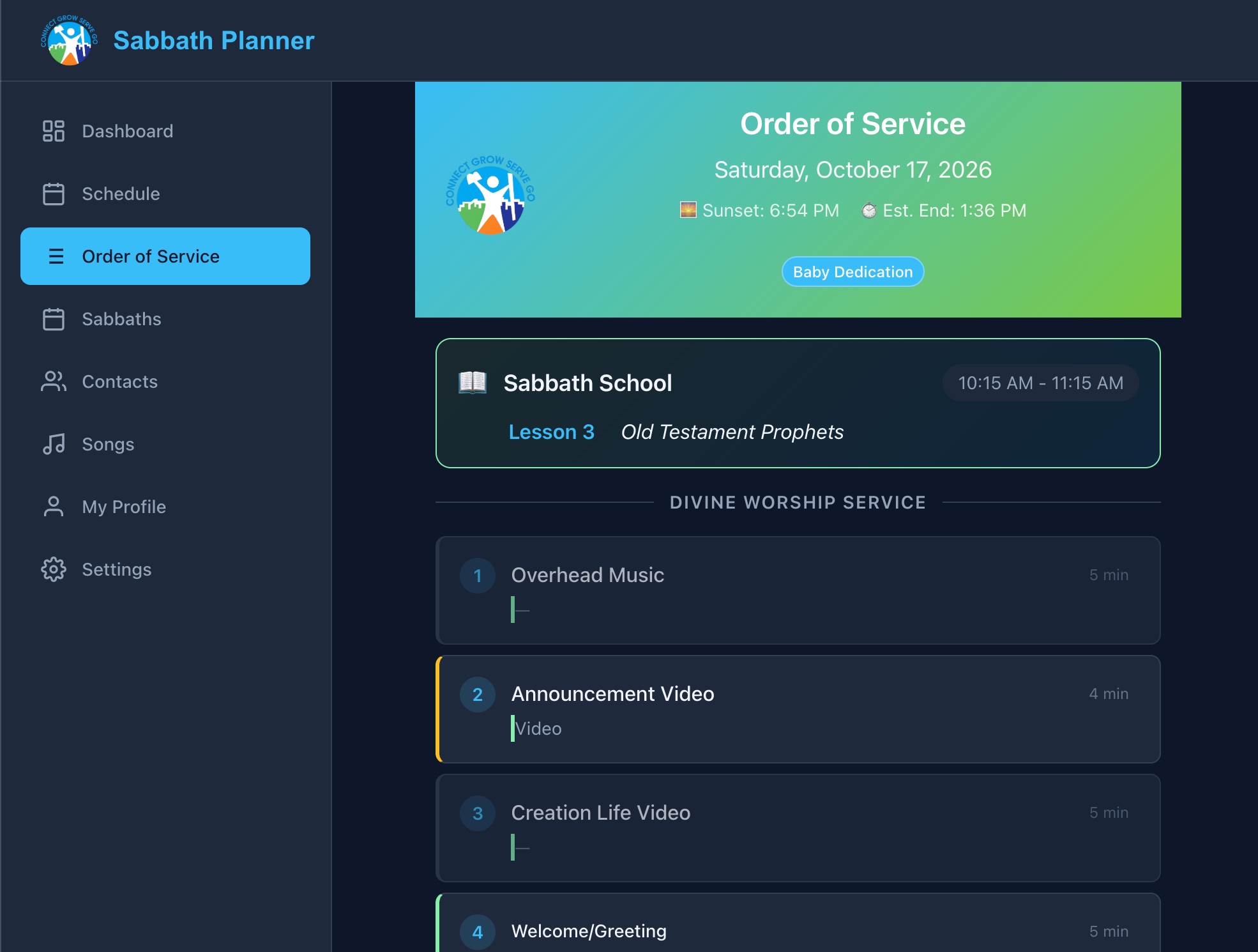 Sabbath Planner's Order of Service view: the Sabbath header with date, sunset and estimated end time, the Sabbath School block, and the first timed worship items.